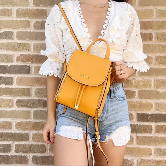 Michael Kors Yellow Smooth Leather Flap Drawstring Backpack - Picture 3 of 3